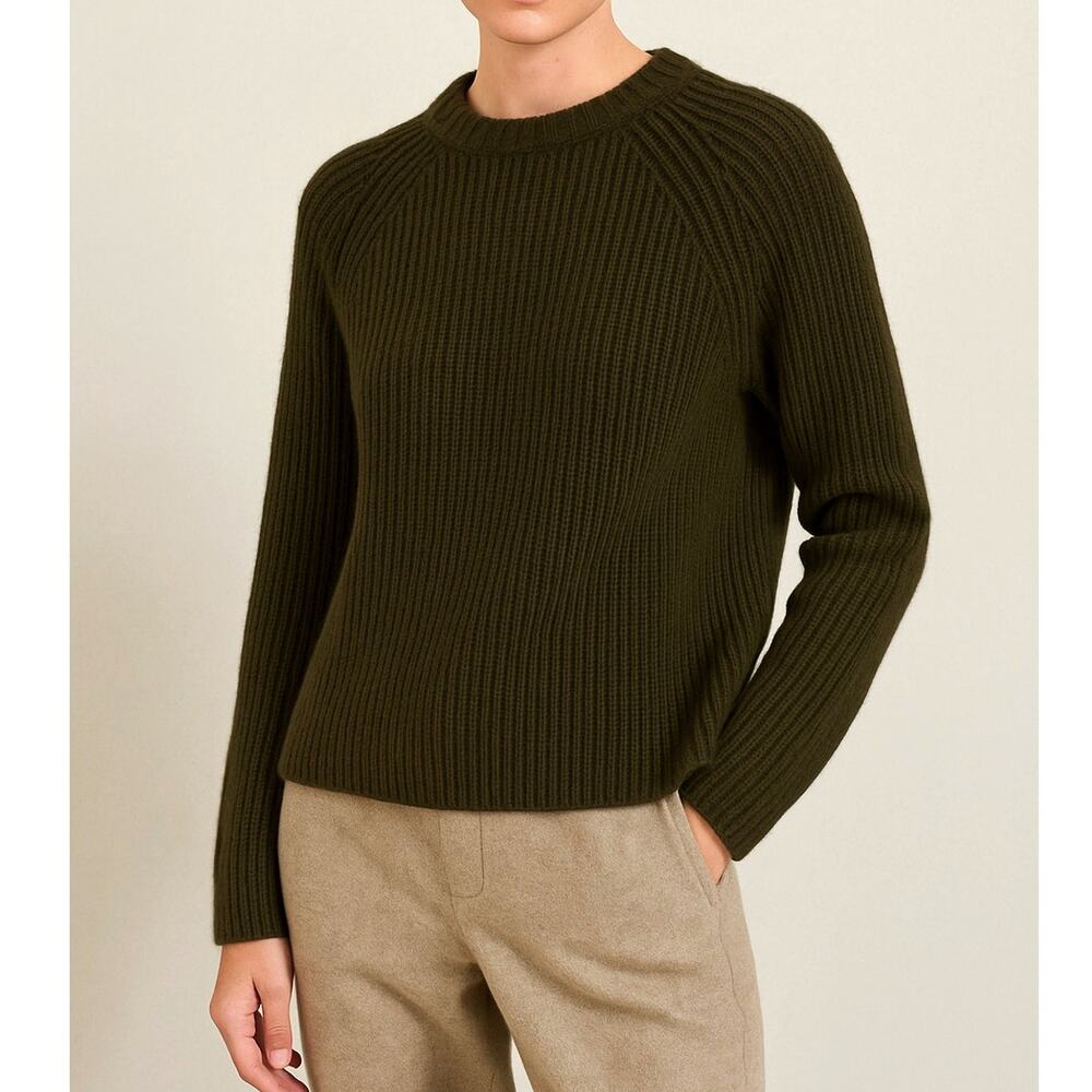 Jenni Kayne XS Iconic Fisherman Sweater 100% CASHMERE Crewneck Olive Green NWT!